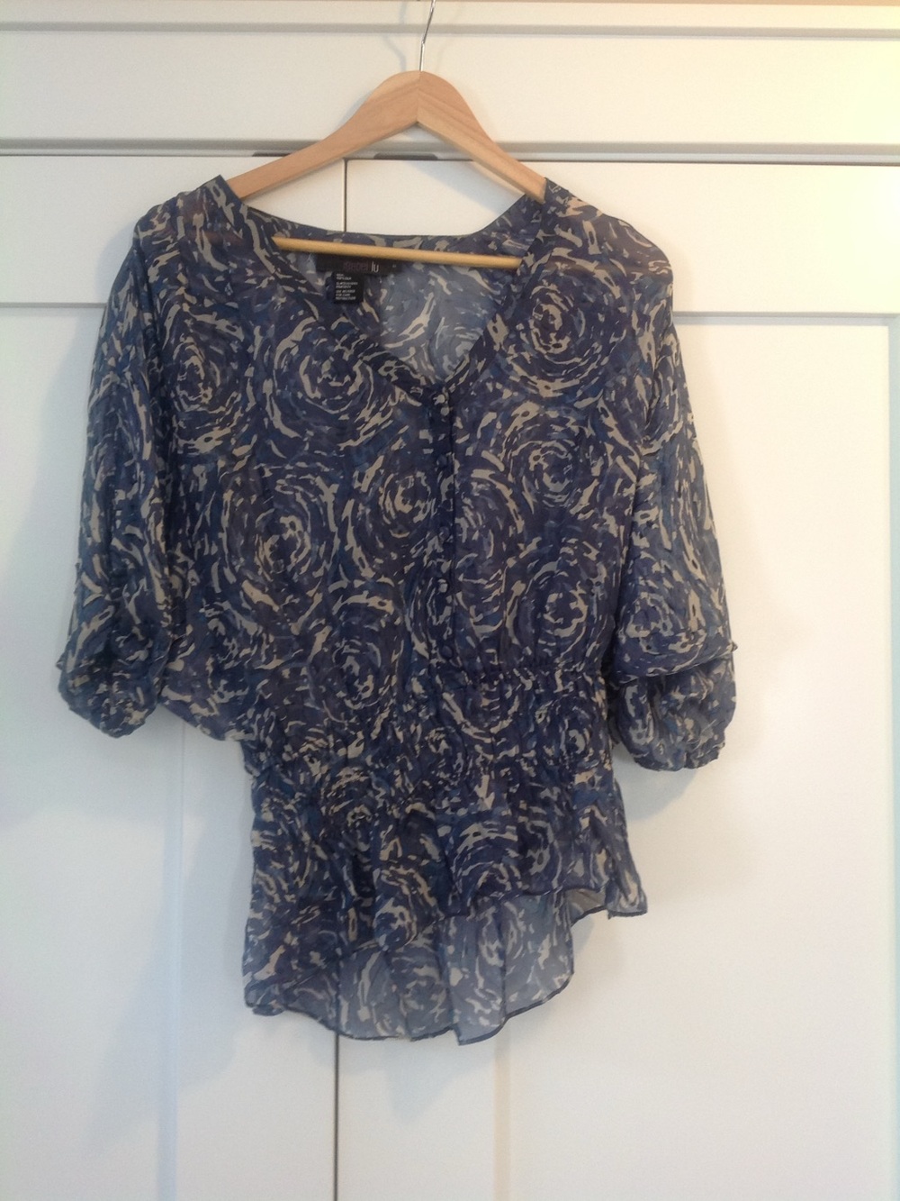 Navy and Beige Floral Print Chiffon Blouse